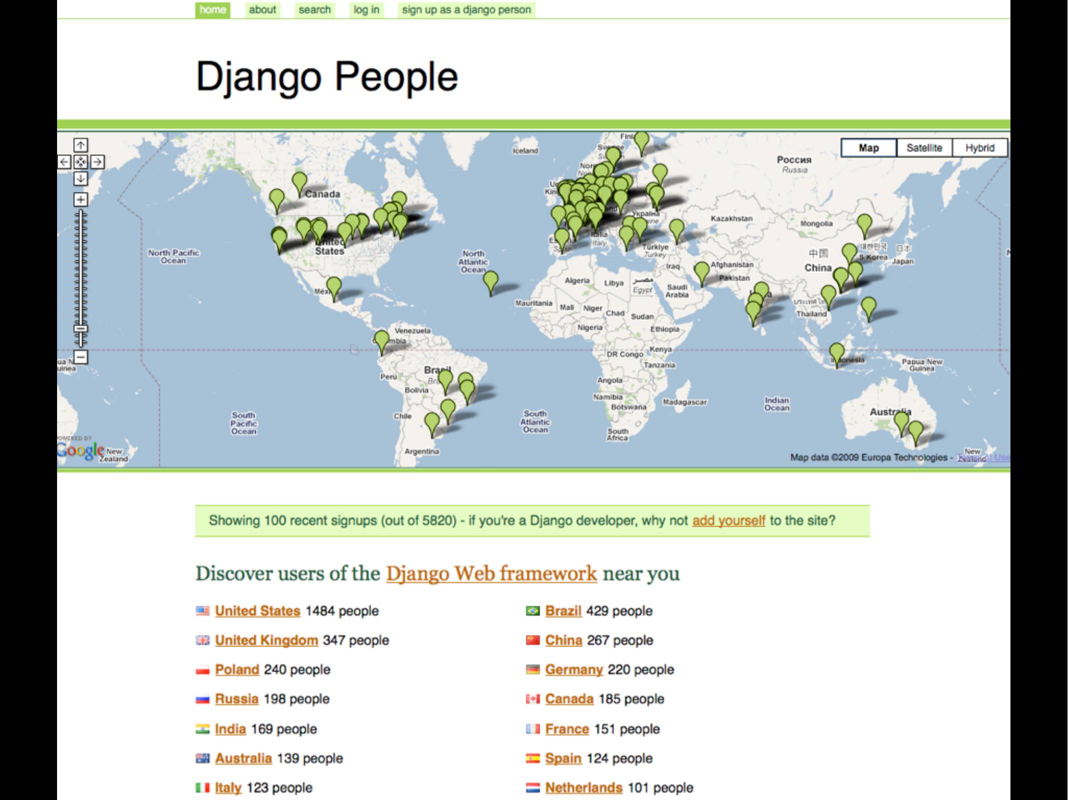 Django People  A map of the world with green markers, plus a table of the countries with the most registered Django community members.