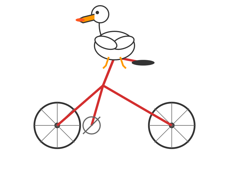 Description by Claude Sonnet 4: Simple line drawing of a white rubber duck with orange beak sitting on a red bicycle with spoked wheels