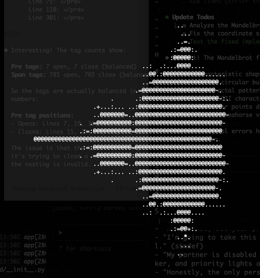 A terminal window showing a pleasing ASCII art Mandelbrot set, zoomed to the expected level